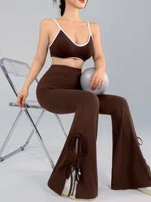 DAZY Solid Color Tie-Front Split Hem Flare Leggings Fall - Brown - View 6