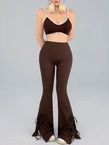 DAZY Solid Color Tie-Front Split Hem Flare Leggings Fall - Brown - View 5