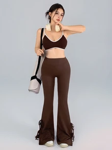 DAZY Solid Color Tie-Front Split Hem Flare Leggings Fall - Brown - View 4