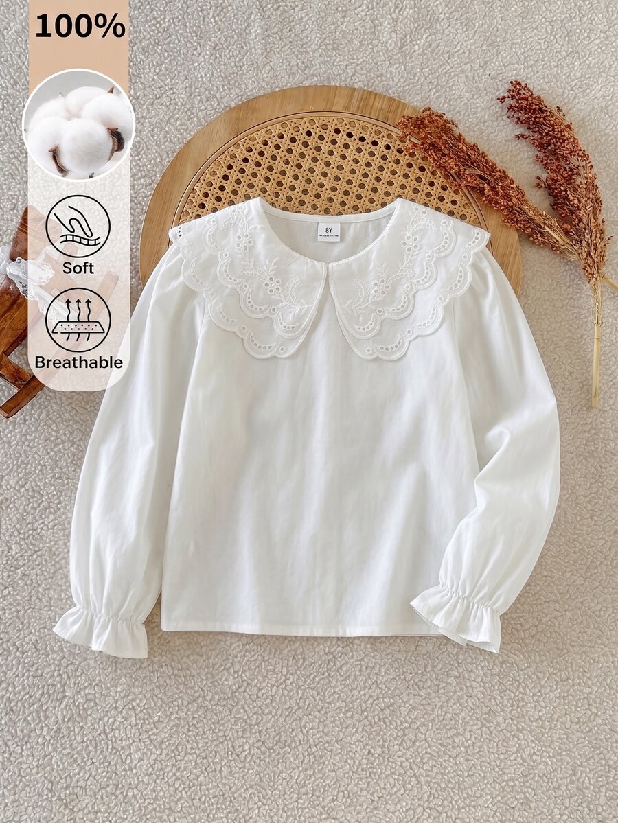 SHEIN 少女優雅蕾絲飾邊刺繡雙層彼得潘領白色襯衫，時尚休閒極簡百搭上衣，適合秋冬，適用於學校、度假、旅行及其他場合