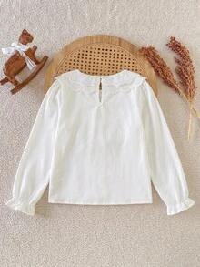 SHEIN 少女優雅蕾絲飾邊刺繡雙層彼得潘領白色襯衫，時尚休閒極簡百搭上衣，適合秋冬，適用於學校、度假、旅行及其他場合 - 白色 - 查看 3