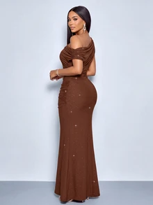 SOLERSUN Women's Autumn/Winter Brown Knit Sequin Party Dress With Asymmetrical Asymmetric Neck Neckline, Ruched Hip And Fishtail Extra Long Hem - Brown - View 5