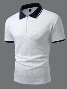 EGENSIO Men's Knitted Jacquard Solid Color Textured Zipper Collar Cuff Royal Blue Ribbed Polo Shirt - White - View 4