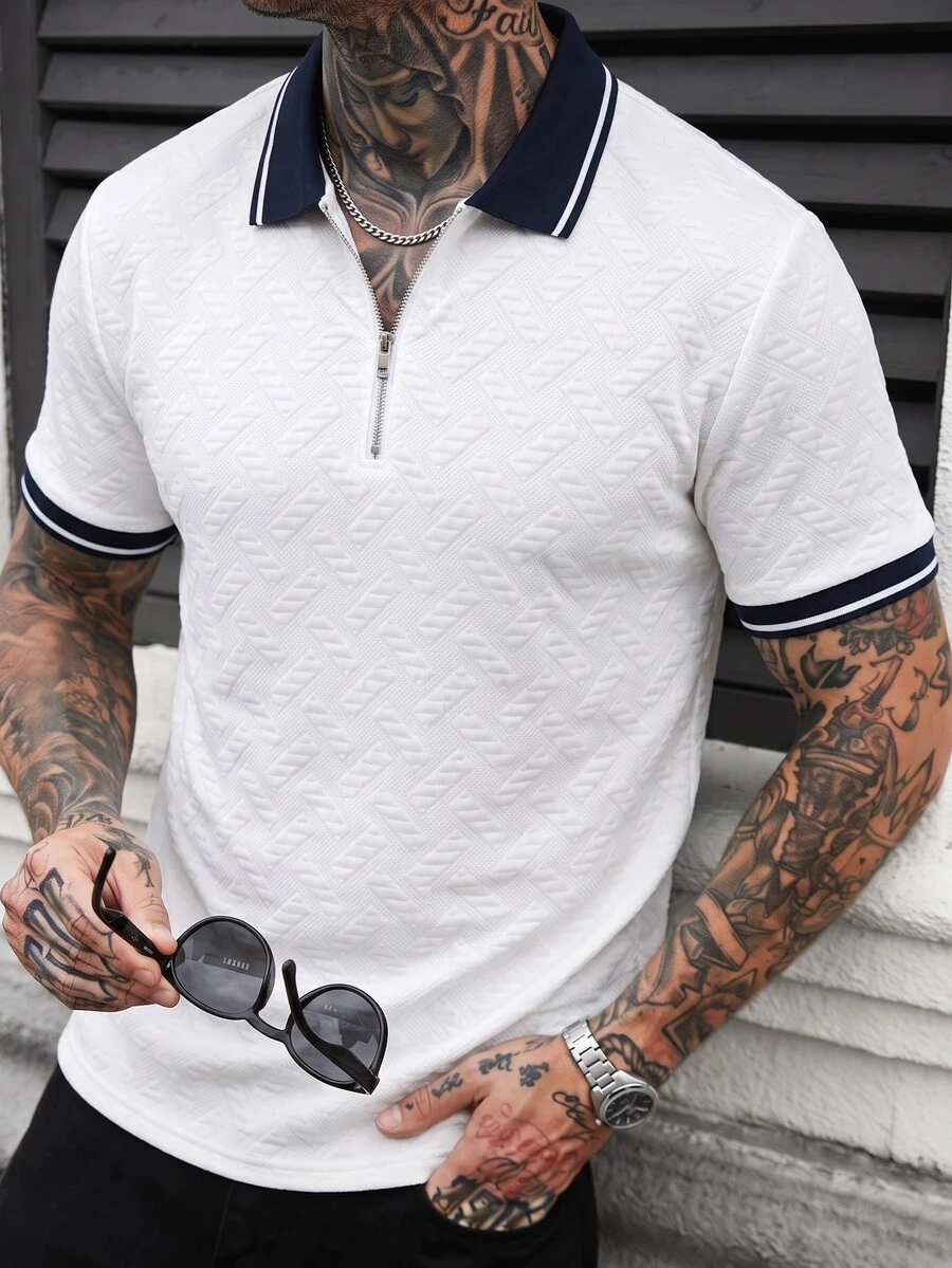 EGENSIO Men's Knitted Jacquard Solid Color Textured Zipper Collar Cuff Royal Blue Ribbed Polo Shirt - White - View 1