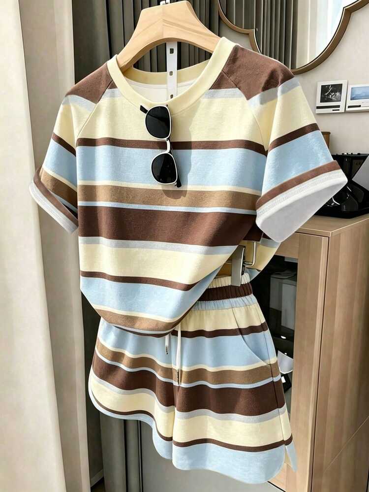 Resyla Women's Plus Size Outerwear Set, Summer New Style, Multi-Color Striped Print, Holiday Outfit, Comfortable To Wear, Versatile Sports Cycling Style, Women's Plus Size Set, Plus Size Women's T-Shirt And Shorts Set - Multicolor - View 1