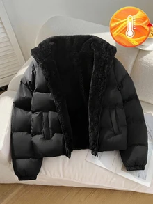 兒童青少年女孩黑色立領短版抓絨內裡加厚外套 (Frenchy 風格)，百搭百搭款，適合休閒街頭穿搭與各種場合，開學季完美選擇，秋冬必備 - 黑色 - 查看 10