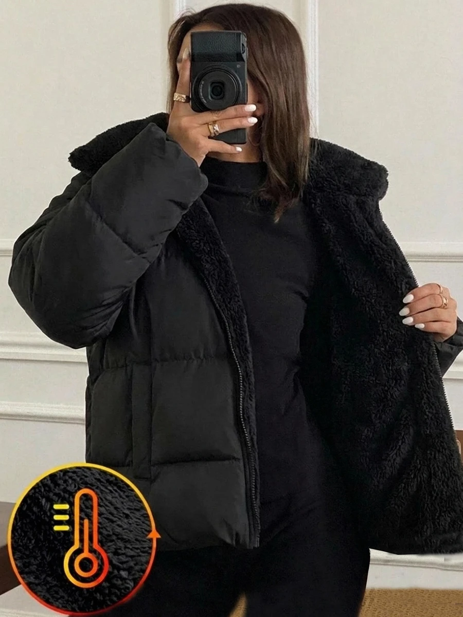 兒童青少年女孩黑色立領短版抓絨內裡加厚外套 (Frenchy 風格),百搭百搭款,適合休閒街頭穿搭與各種場合,開學季完美選擇,秋冬必備 - 黑色 - 查看 1