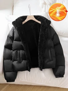 兒童青少年女孩黑色立領短版抓絨內裡加厚外套 (Frenchy 風格)，百搭百搭款，適合休閒街頭穿搭與各種場合，開學季完美選擇，秋冬必備 - 黑色 - 查看 7