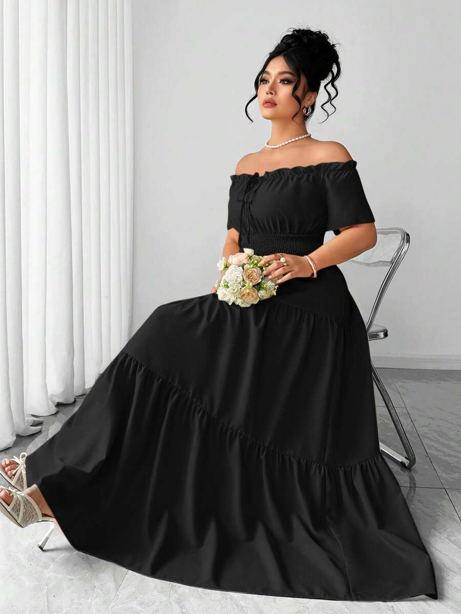 Elenzga Plus Size Women's Elegant Elastic Off-Shoulder Patchwork Short Sleeve Dress, Spring/Summer - Black - View 1