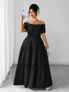 Elenzga Plus Size Women's Elegant Elastic Off-Shoulder Patchwork Short Sleeve Dress, Spring/Summer - Black - View 7