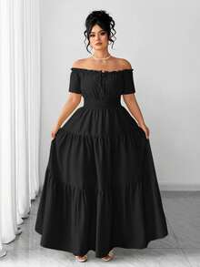 Elenzga Plus Size Women's Elegant Elastic Off-Shoulder Patchwork Short Sleeve Dress, Spring/Summer - Black - View 6