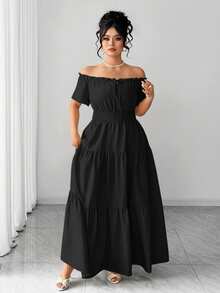 Elenzga Plus Size Women's Elegant Elastic Off-Shoulder Patchwork Short Sleeve Dress, Spring/Summer - Black - View 3