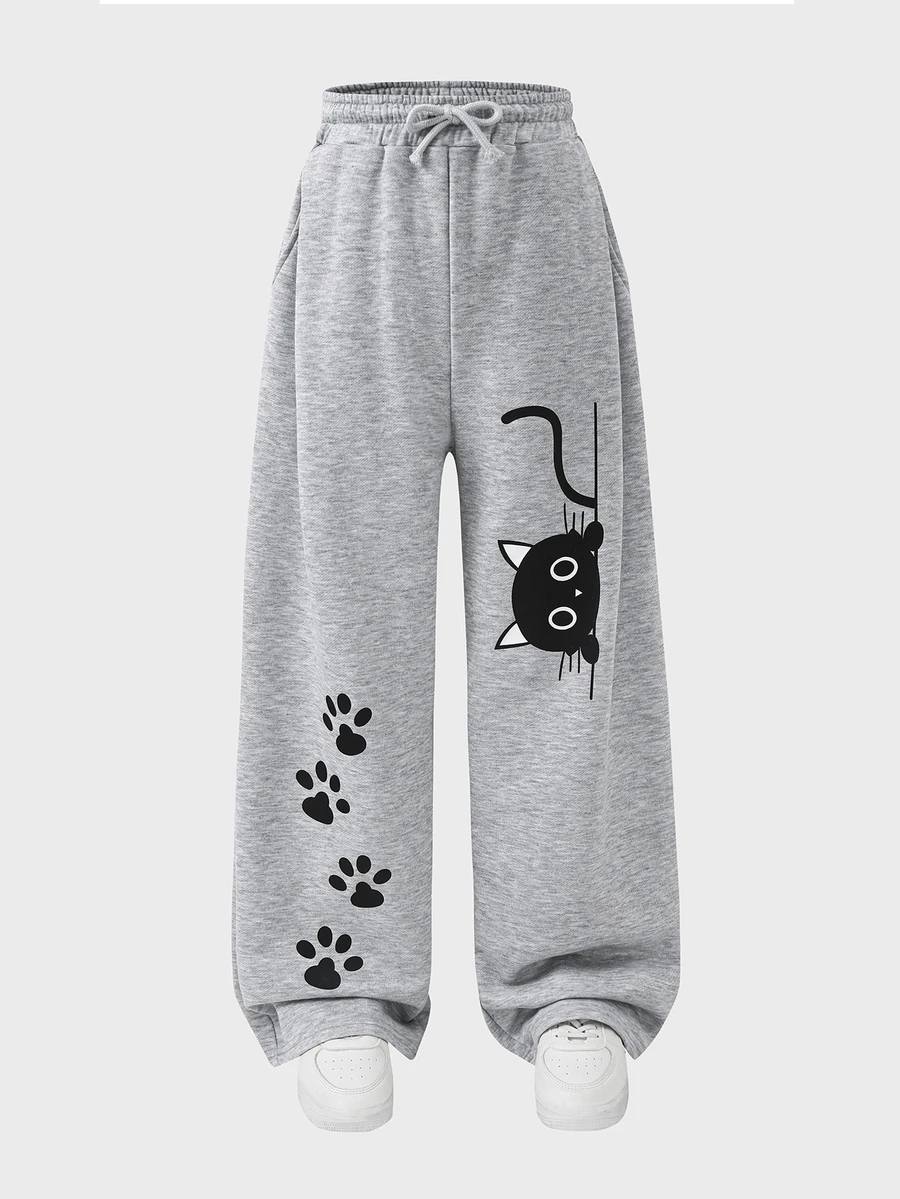 SHEIN Tween Girl Knit Light Gray Loose Casual Versatile Drawstring Pocket Wide Leg Sweatpants - Grey - View 1