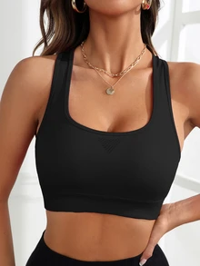 SHEIN Cheerettes Women's High Support Racer Back Sports Bra Push Up Sportswear Gym Workout Activewear For Autumn - Black - View 7