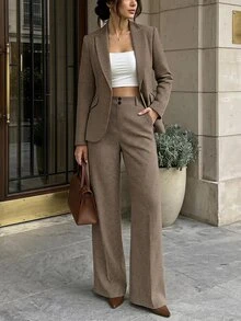 SHEIN PETITE 女款千鳥格西裝外套 + 長褲，適合秋冬通勤穿搭 - 卡其色 - 查看 8