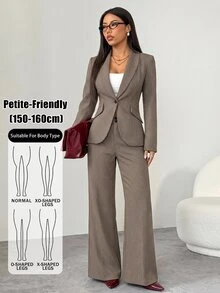 SHEIN PETITE 女款千鳥格西裝外套 + 長褲，適合秋冬通勤穿搭 - 卡其色 - 查看 3