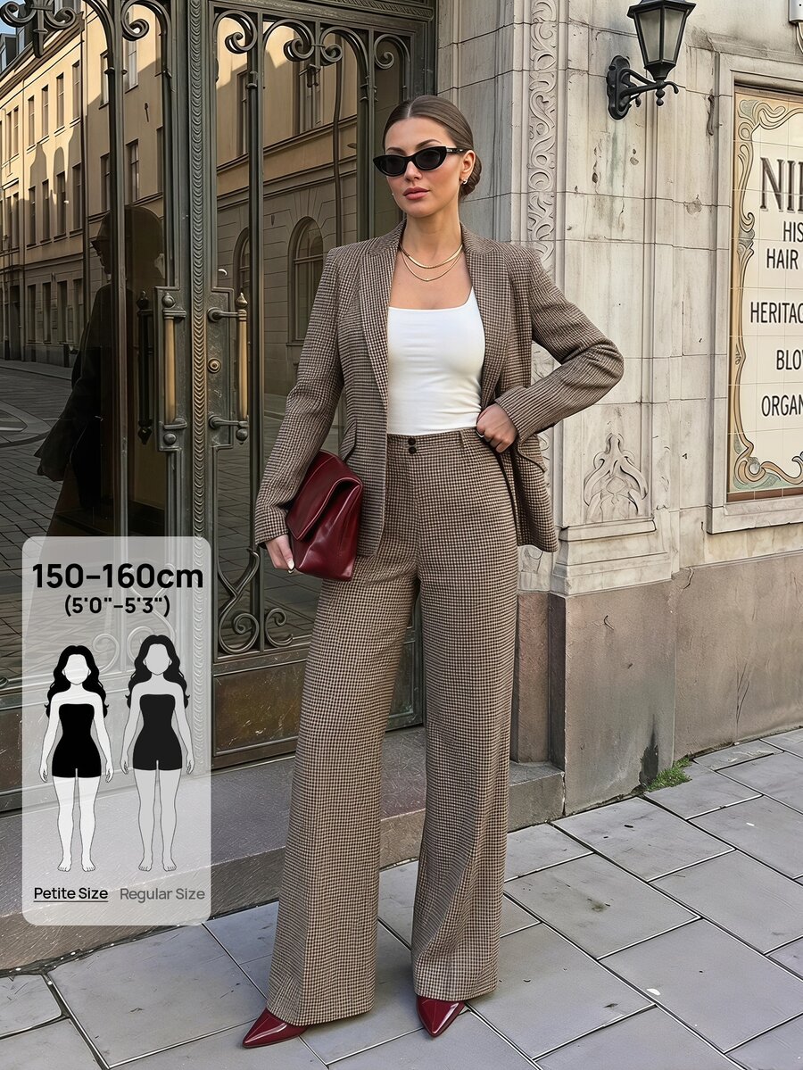 SHEIN PETITE Women's Houndstooth Blazer + Trousers, Perfect For Fall/Winter Commuting - Khaki - View 1