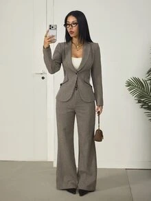 SHEIN PETITE 女款千鳥格西裝外套 + 長褲，適合秋冬通勤穿搭 - 卡其色 - 查看 10