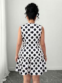 Elenzga 大码女士优雅波点印花圆领A字无袖连衣裙，适合夏季通勤 - 黑與白 - 查看 4