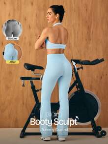 GLOWMODE 31" Ultrafine Soft Seamless SunFlow High Waist Sculpting Fit Seamless Butt Lift Compression Double Layer Coverage Flare Leggings Gym Summer - Blue - View 1