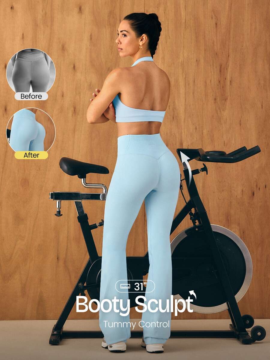 GLOWMODE 31" Ultrafine Soft Seamless SunFlow High Waist Sculpting Fit Seamless Butt Lift Compression Double Layer Coverage Flare Leggings Gym Summer - Blue - View 1