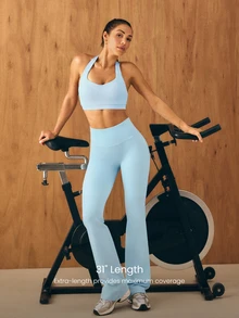 GLOWMODE 31" Ultrafine Soft Seamless SunFlow High Waist Sculpting Fit Seamless Butt Lift Compression Double Layer Coverage Flare Leggings Gym Summer - Blue - View 4
