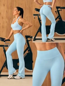 GLOWMODE 31" Ultrafine Soft Seamless SunFlow High Waist Sculpting Fit Seamless Butt Lift Compression Double Layer Coverage Flare Leggings Gym Summer - Blue - View 9