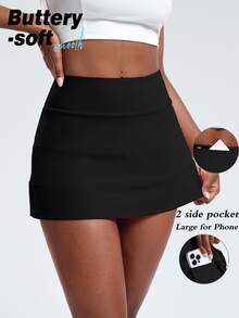 SHEIN Cheerettes Women's Solid Color Athletic Skort Sportswear Gym Workout Sports Skirt For Autumn - Black - View 2