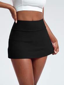 SHEIN Cheerettes Women's Solid Color Athletic Skort Sportswear Gym Workout Sports Skirt For Autumn - Black - View 9