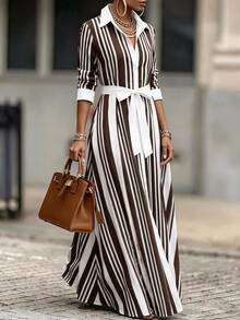 RosyDaze New Elegant Commuter Striped Long Dress For Women - Brown - View 4