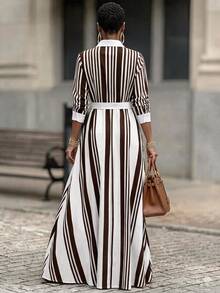 RosyDaze New Elegant Commuter Striped Long Dress For Women - Brown - View 2