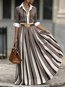 RosyDaze New Elegant Commuter Striped Long Dress For Women - Brown - View 1