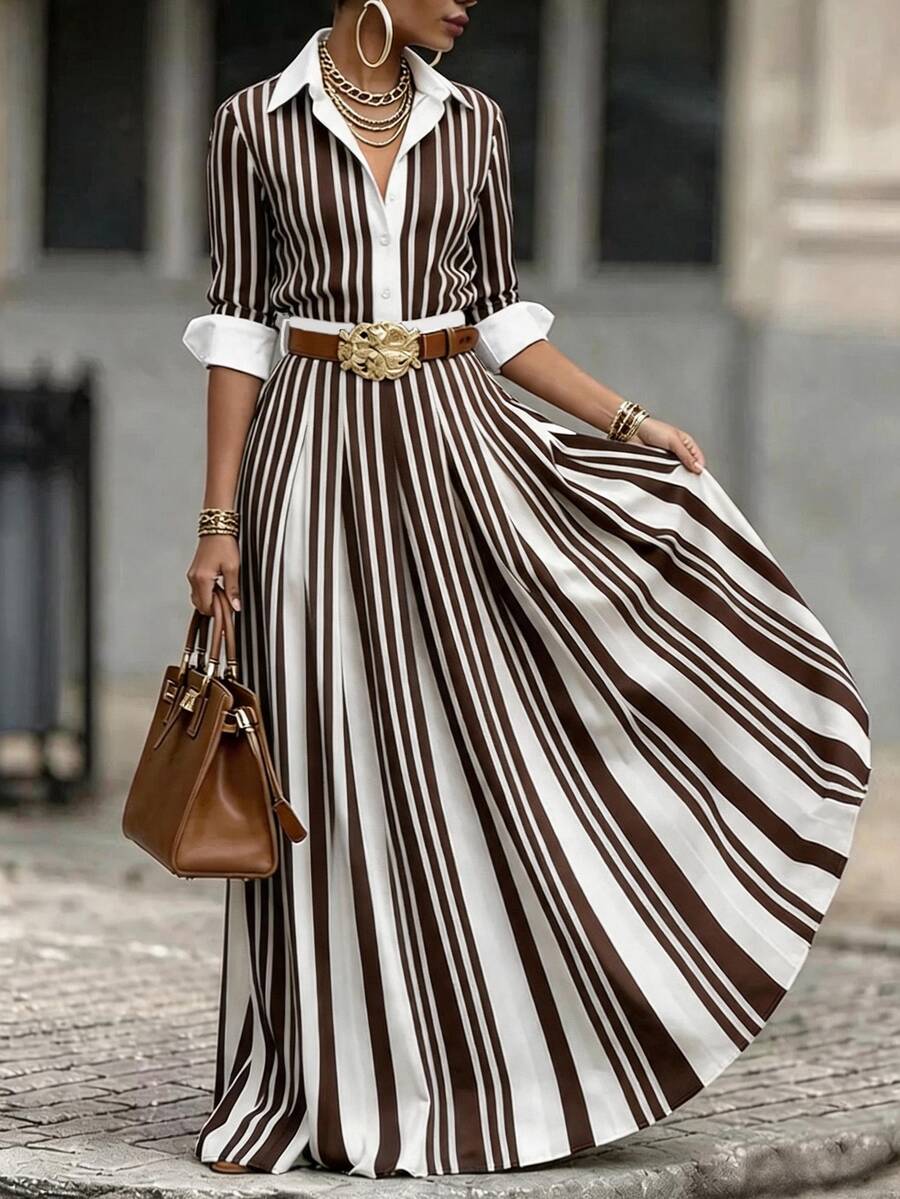 RosyDaze New Elegant Commuter Striped Long Dress For Women - Brown - View 1