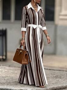 RosyDaze New Elegant Commuter Striped Long Dress For Women - Brown - View 5