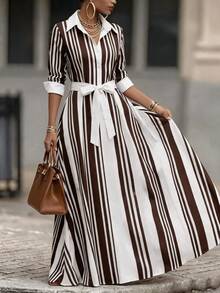 RosyDaze New Elegant Commuter Striped Long Dress For Women - Brown - View 6