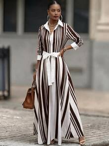 RosyDaze New Elegant Commuter Striped Long Dress For Women - Brown - View 3