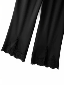GlowEve CURVE Women's Fashion Elegant Casual Smart Elastic Waistband Split Hem Lace Trim Flare Pants, Suitable For Daily Commute Wear Autumn Dinner Office Black - Black - View 3