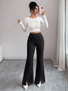GlowEve CURVE Women's Fashion Elegant Casual Smart Elastic Waistband Split Hem Lace Trim Flare Pants, Suitable For Daily Commute Wear Autumn Dinner Office Black - Black - View 8