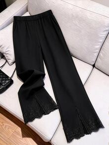 GlowEve CURVE Women's Fashion Elegant Casual Smart Elastic Waistband Split Hem Lace Trim Flare Pants, Suitable For Daily Commute Wear Autumn Dinner Office Black - Black - View 1