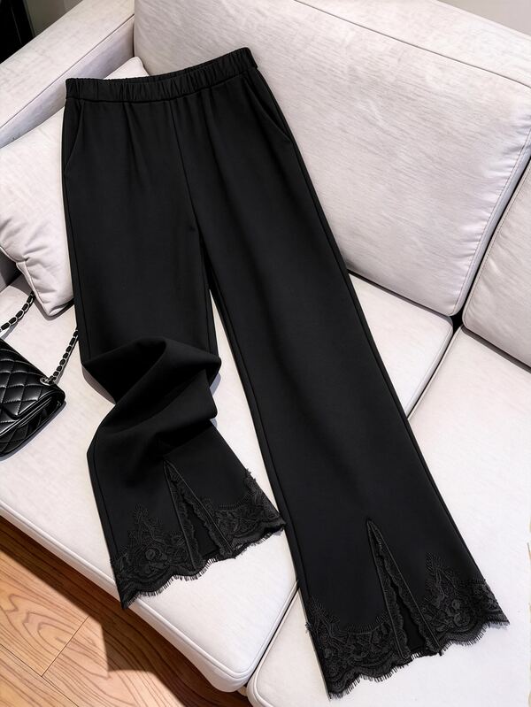 SHEIN Clasi Women's Fashion Elegant Elastic Waistband Split Hem Lace Trim Flare Pants, Suitable For Daily Commute Wear