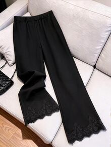 GlowEve CURVE Women's Fashion Elegant Casual Smart Elastic Waistband Split Hem Lace Trim Flare Pants, Suitable For Daily Commute Wear Autumn Dinner Office Black - Black - View 2