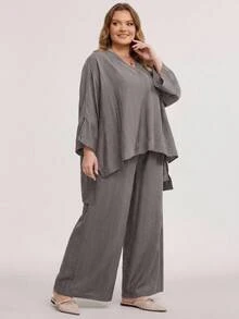 SHEIN CURVE+ Plus Size US22 Solid Color V-Neck High-Low Hem Shirt And Wide Leg Pants Casual 2 Pieces Set Fall - Grey - View 6