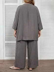 SHEIN CURVE+ Plus Size US22 Solid Color V-Neck High-Low Hem Shirt And Wide Leg Pants Casual 2 Pieces Set Fall - Grey - View 2