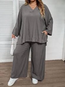 SHEIN CURVE+ Plus Size US22 Solid Color V-Neck High-Low Hem Shirt And Wide Leg Pants Casual 2 Pieces Set Fall - Grey - View 4
