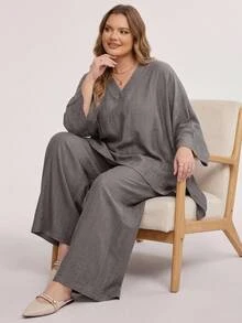 SHEIN CURVE+ Plus Size US22 Solid Color V-Neck High-Low Hem Shirt And Wide Leg Pants Casual 2 Pieces Set Fall - Grey - View 8