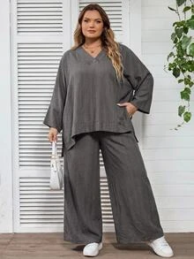 SHEIN CURVE+ Plus Size US22 Solid Color V-Neck High-Low Hem Shirt And Wide Leg Pants Casual 2 Pieces Set Fall - Grey - View 3