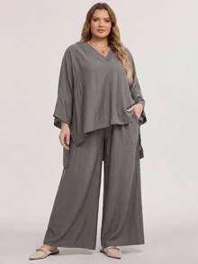 SHEIN CURVE+ Plus Size US22 Solid Color V-Neck High-Low Hem Shirt And Wide Leg Pants Casual 2 Pieces Set Fall - Grey - View 7