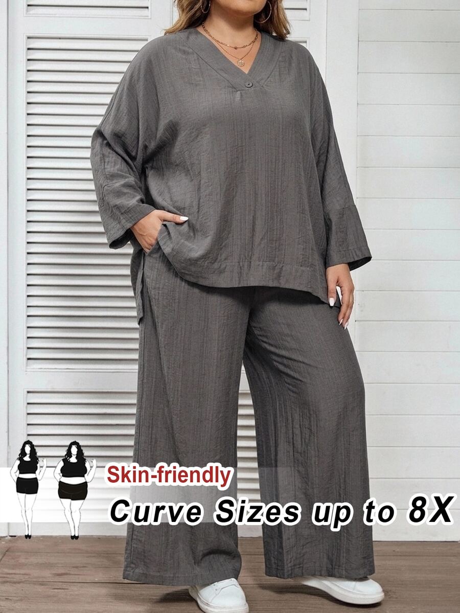 SHEIN CURVE+ Plus Size US22 Solid Color V-Neck High-Low Hem Shirt And Wide Leg Pants Casual 2 Pieces Set Fall - Grey - View 1