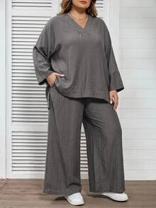 SHEIN CURVE+ Plus Size US22 Solid Color V-Neck High-Low Hem Shirt And Wide Leg Pants Casual 2 Pieces Set Fall - Grey - View 9