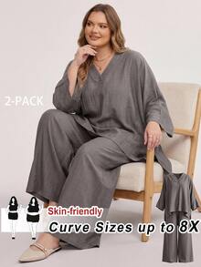SHEIN CURVE+ Plus Size US22 Solid Color V-Neck High-Low Hem Shirt And Wide Leg Pants Casual 2 Pieces Set Fall - Grey - View 10